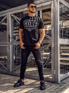 Fekete T-shirt férfi nyomott mintás Bolf SS11071A