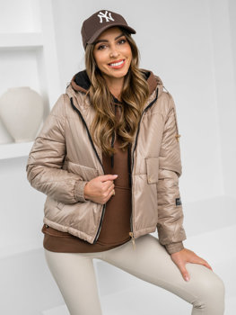 Bézs színű átmeneti steppelt női dzseki kapucnival Bolf B8216