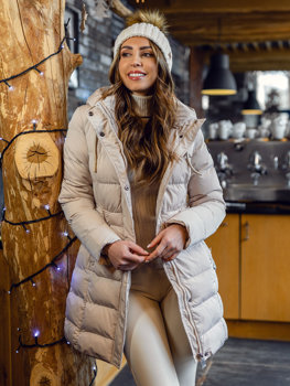 Bézs színű hosszú steppelt téli női kabát kapucnival Bolf 7086A