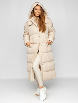 Bézs színű női hosszú steppelt téli kabát kapucnival Bolf R6702