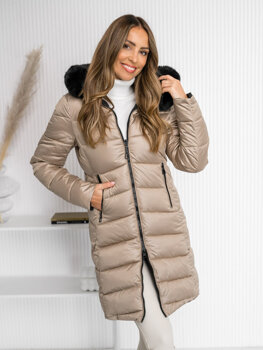 Bézs színű steppelt hosszú kétoldalas téli női kabát kapucnival Bolf B8202