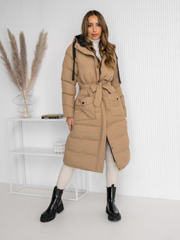 Camel színű hosszú steppelt téli női kabát kapucnival Bolf 5M3178