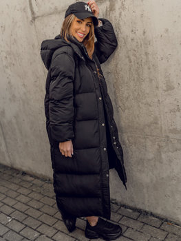 Fekete színű hosszú steppelt téli női kabát kapucnival Bolf R6702A