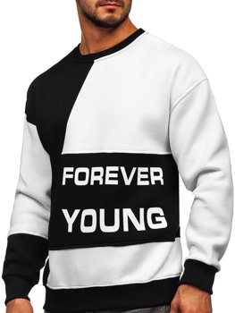 Kapucni nélküli férfi pulcsi Forever Young felirattal fekete-fehér színben Bolf 0003