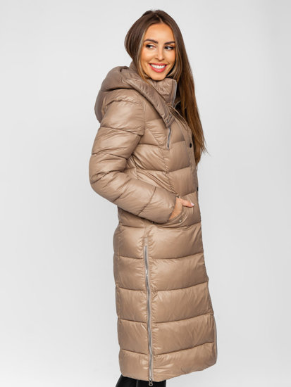 Barna színű hosszú steppelt téli női kabát kapucnival Bolf M689