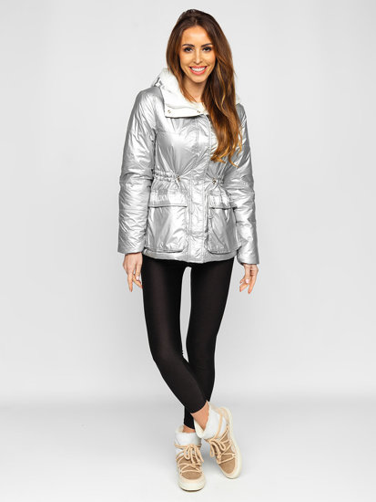 Ezüst steppelt női téli dzseki kapucnival Bolf B9570
