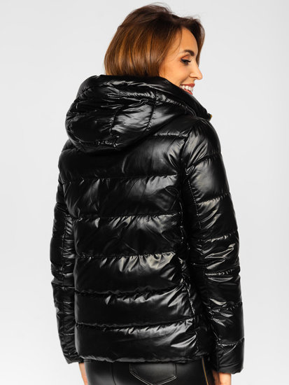 Fekete kétoldalú steppelt női téli dzseki kapucnival Bolf P6631