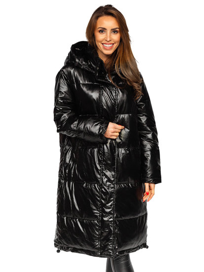 Fekete steppelt hosszú női téli dzseki kapucnival Bolf P6628