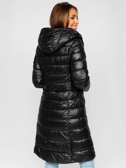 Fekete színű hosszú steppelt téli női kabát kapucnival Bolf MB0276