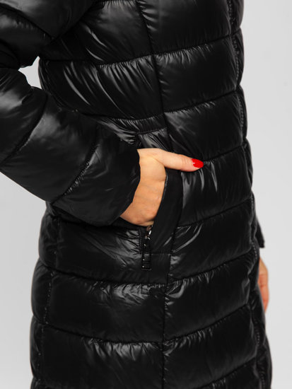 Fekete színű hosszú steppelt téli női kabát kapucnival Bolf MB0276