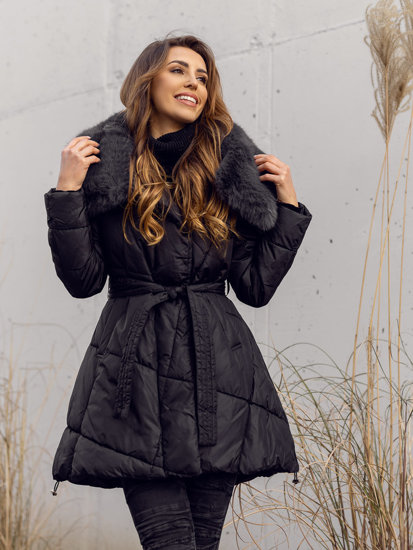 Fekete téli női hosszú dzseki kapucnival Bolf OMDL008