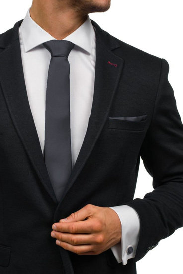 Férfi szett: nyakkendő, mandzsettagombok, díszzsebkendő grafit színben Bolf KSP01