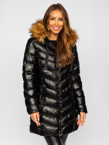 Hosszú steppelt téli női dzseki kapucnival fekete színben Bolf 5M778
