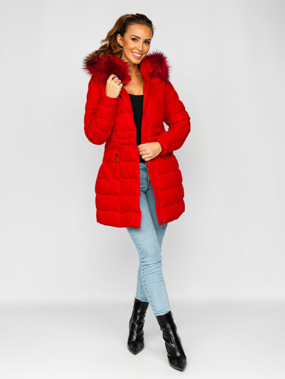Hosszú steppelt téli női dzseki kapucnival piros színben Bolf 16M9061