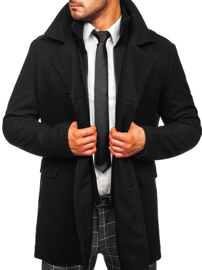 Téli kétsoros férfi kabát levehető állógallérral fekete színben Bolf 8805
