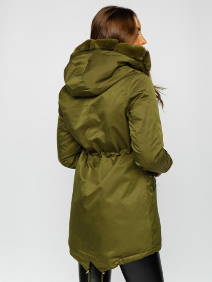 Téli női parka dzseki kapucnival khaki színben Bolf 5M762
