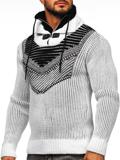 Vastag állógalléros férfi pulóver fehér színben Bolf 2027