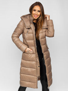 Barna színű hosszú steppelt téli női kabát kapucnival Bolf M689