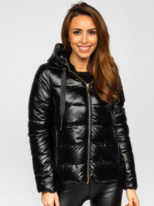 Fekete kétoldalú steppelt női téli dzseki kapucnival Bolf P6631