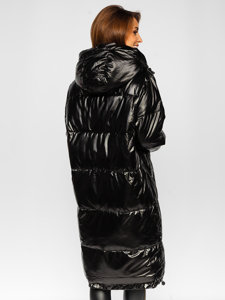 Fekete steppelt hosszú női téli dzseki kapucnival Bolf P6628