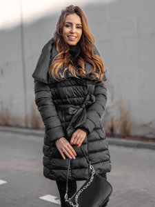 Fekete téli női hosszú dzseki kapucnival Bolf J9061