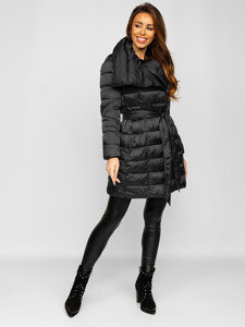 Fekete téli női hosszú dzseki kapucnival Bolf J9061