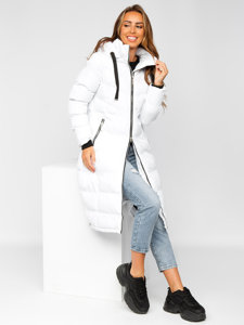 Hosszú steppelt téli női dzseki kapucnival fehér színben Bolf 5M736