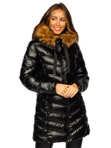 Hosszú steppelt téli női dzseki kapucnival fekete színben Bolf 5M778