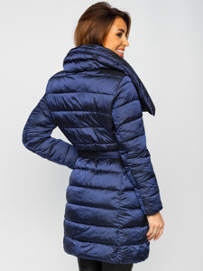 Sötétkék téli női hosszú dzseki kapucnival Bolf J9061