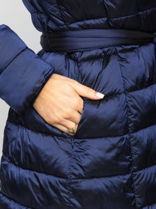 Sötétkék téli női hosszú dzseki kapucnival Bolf J9061